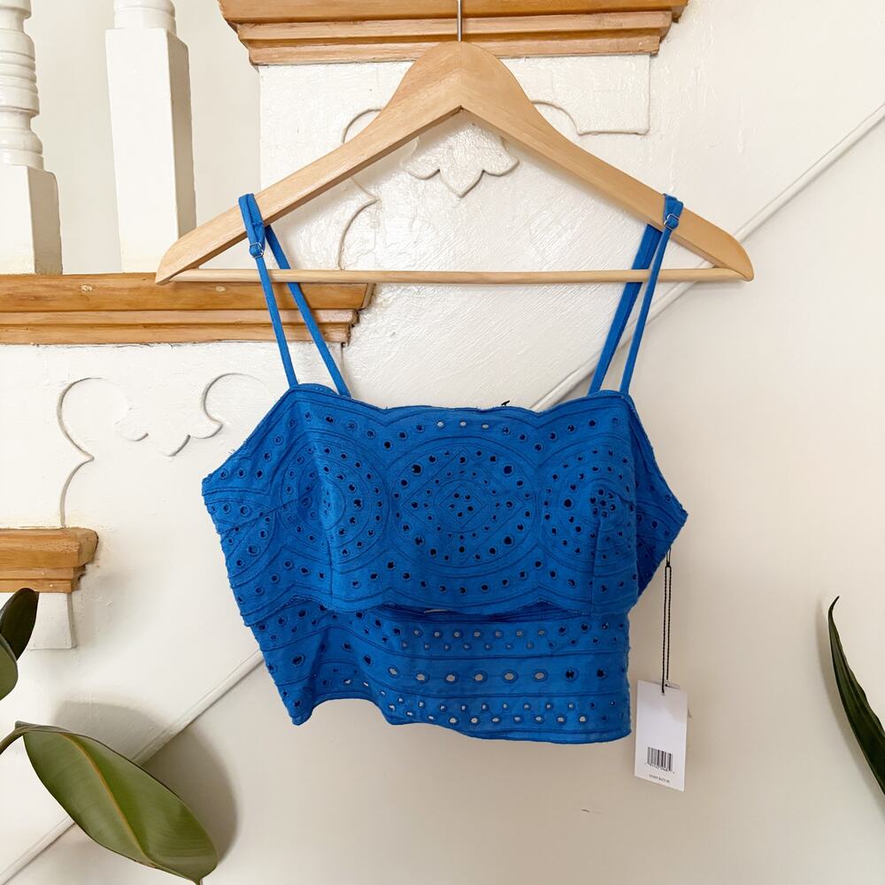 NWT Jason Wu Eyelet Bustier Crop Top Blue Linen Blend Size 6